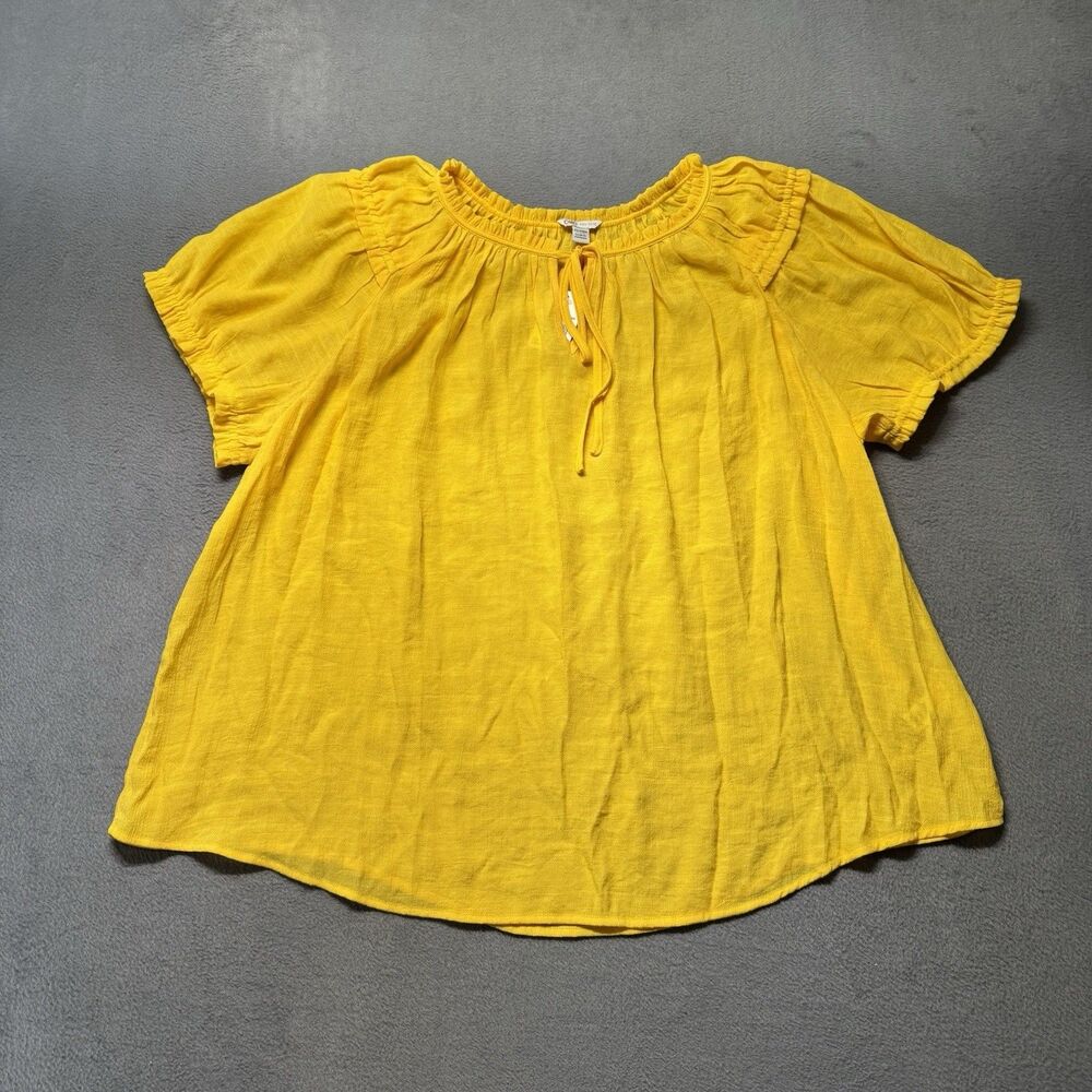 Cato Womens Peasant Top 22/24W Yellow Tie Neck Short Sleeve Boho Blouse NWT